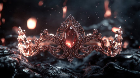This stunning image showcases an intricately designed rose gold crown adorned with sparkling gemstones, set against a dark backdrop filled with smoky lava and fiery embers, highlighting its luxurious beauty and exquisite craftsmanship.の素材