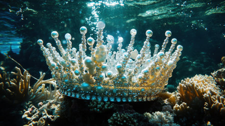 A stunning crown embellished with pearls rests gracefully on a coral reef, illuminated by soft underwater light, creating a serene and magical atmosphere.の素材