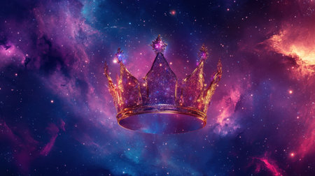 A captivating crown floats in a stunning cosmic backdrop filled with vibrant colors, stars, and nebulae, inviting viewers into a magical realm.の素材