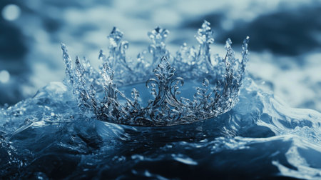 This striking image features an intricately designed crown resting on rippling water, capturing the interplay of light and reflections for a serene and elegant feel.の素材