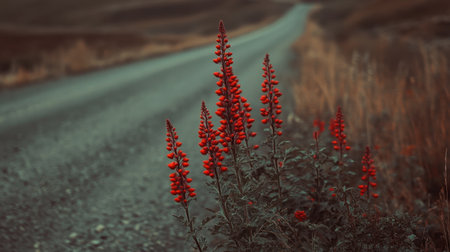 A stunning display of vibrant red flowers lining a gravel road, set against a serene landscape, capturing the beauty of nature and tranquility.の素材