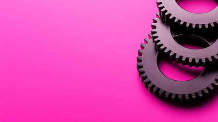 This striking image features three black mechanical gears arranged against a vibrant pink background, creating a bold contrast perfect for industrial or creative projects.の素材
