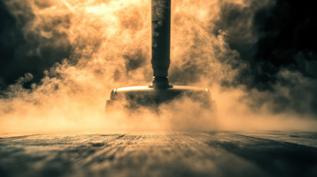 A powerful vacuum cleaner generates dust and smoke effects, creating a dramatic scene that emphasizes the need for effective home cleaning and maintenance.の素材