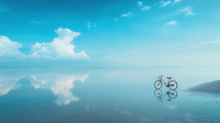 A solitary bicycle stands gracefully on the calm shoreline, reflecting its vibrant colors against a tranquil blue sky filled with soft clouds.の素材