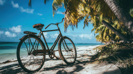 A charming vintage bicycle rests on a sandy beach, surrounded by vibrant palm trees and under a picturesque blue sky, inviting escape and relaxation.の素材
