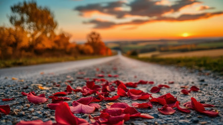 A serene landscape featuring a winding road covered in rose petals at sunset, showcasing vibrant colors, natural beauty, and a tranquil atmosphere perfect for romantic settings.の素材