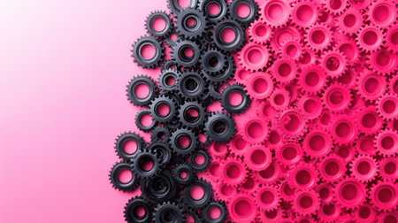 This visually striking image features an arrangement of black and pink gears set against a gradient background, perfect for industrial or creative projects.の素材