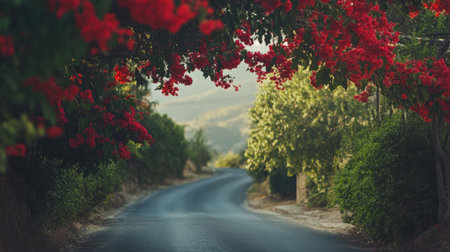 A beautiful road framed by lush greenery and vibrant red flowers creates a serene and picturesque landscape perfect for nature lovers and travelers.の素材