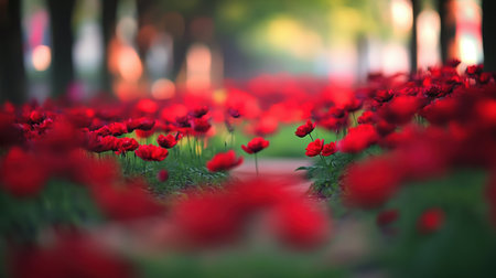 This captivating image showcases a stunning array of vibrant red flowers lining a tranquil pathway, bathed in soft natural light, creating a picturesque scene.の素材