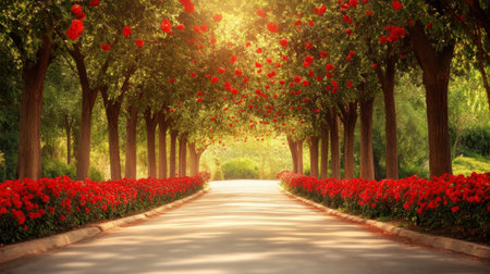 A picturesque garden scene featuring a serene pathway lined with lush trees and vibrant red flowers under warm sunlight, creating a tranquil atmosphere.の素材