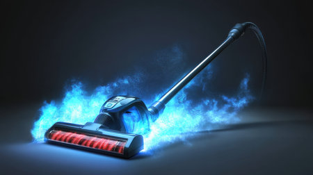 A futuristic vacuum cleaner featuring bright glowing effects and dynamic motion, showcasing advanced technology in modern home cleaning. Perfect for elevating indoor hygiene practices and enhancing user experience.の素材