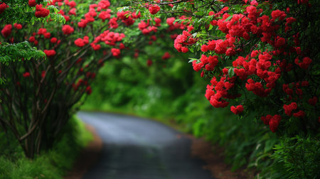 A serene pathway meanders through a lush green landscape, adorned with bright red flowers. This vibrant scene captures the essence of nature's beauty, inviting wanderers to explore its tranquility.の素材