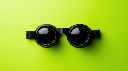 A pair of stylish black protective goggles sits on a vibrant green surface, presenting a modern and playful design perfect for sports or fashion uses.の素材