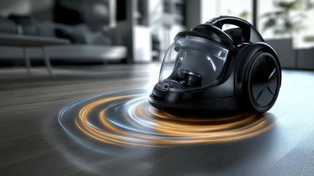 A sleek vacuum cleaner with a contemporary design is shown in motion on a hardwood floor, illustrating efficiency and modern home maintenance technology.の素材