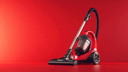 This image features a sleek red vacuum cleaner against a vibrant backdrop, showcasing modern home cleaning technology with an eye-catching design.の素材