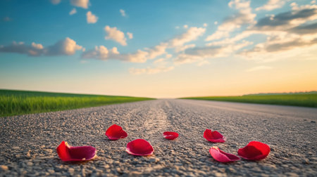 A serene country road stretches into the horizon at sunset, adorned with scattered rose petals that evoke feelings of romance and tranquility.の素材