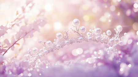 A delicate tiara featuring pearls and crystals rests gracefully on a soft pastel floral background, creating a dreamy and elegant ambiance perfect for romantic themes.の素材
