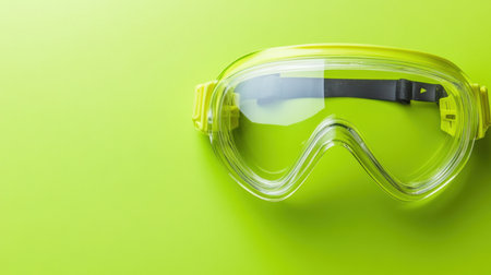 A pair of bright yellow diving goggles lies on an eye-catching green background, perfect for water sports enthusiasts seeking adventure and safety.の素材