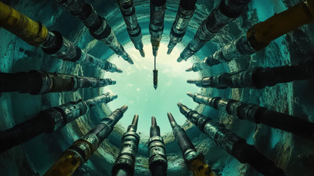 A captivating underwater perspective showcases drilling equipment arranged in a circular formation, highlighting technology and industrial processes utilized in resource extraction.の素材
