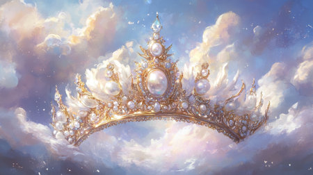 This stunning illustration features an exquisite crown adorned with pearls and gems, floating amidst dreamy clouds in a serene magical sky, evoking a sense of wonder.の素材