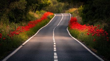 A picturesque winding road meanders through a lush landscape, flanked by vibrant red flowers under warm sunlight, inviting travelers to explore nature's beauty.の素材