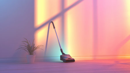 A sleek vacuum cleaner rests against a wall in a beautifully lit minimalist room. The soft glow of sunlight highlights the simplicity and cleanliness of the space.の素材