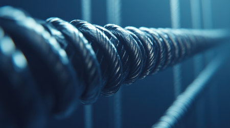 A close-up view of intricate steel rope illuminated in blue light, showcasing the texture and depth, ideal for industrial and technology themes.の素材