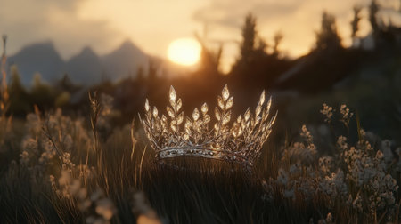 A stunning crown rests amidst a field of grass, illuminated by the warm glow of a sunset, offering a serene and majestic view of nature.の素材
