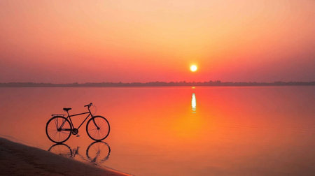 A tranquil sunset casts a warm glow over calm waters, highlighting a bicycle silhouette on a serene beach shoreline, evoking relaxation and adventure.の素材