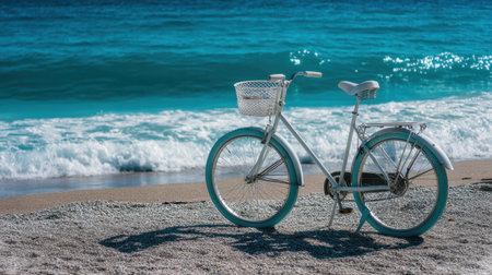 A serene image of a white bicycle positioned on sandy beach with gentle waves lapping in the background under a bright blue sky. Ideal for conveying summer vibes.の素材