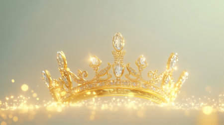 This image features an elegant golden crown adorned with sparkling crystals, radiating light and luxury against a soft backdrop, perfect for royal themes.の素材