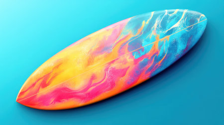 A colorful surfboard displaying a striking blend of bright hues and abstract patterns, perfect for beach lovers and surfing enthusiasts.の素材