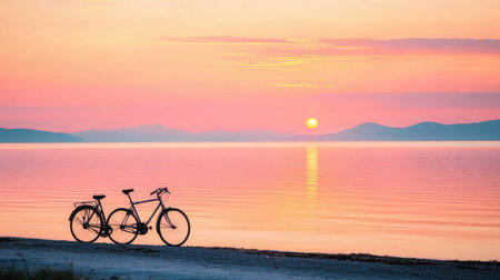 A stunning sunset creates a serene atmosphere over calm waters, with two bicycles silhouetted against the glowing horizon, evoking a sense of peace and adventure.の素材