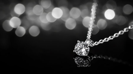 A stunning close-up image of an elegant diamond pendant necklace resting on a reflective surface, complemented by a soft bokeh background in black and white, exuding sophistication and style.の素材