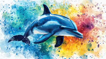 This vibrant watercolor illustration features a dolphin gracefully swimming against a backdrop of colorful splashes, capturing the beauty and joy of marine life.の素材