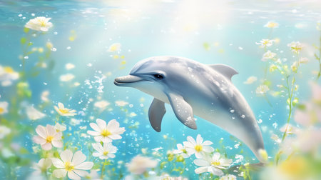 A stunning illustration of a dolphin swimming gracefully in a colorful underwater garden filled with vibrant flowers and warm sunlight.の素材