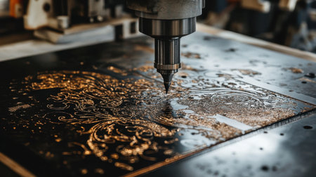 Captured in a workshop environment, this image showcases a laser engraving machine delicately crafting intricate patterns on a smooth surface, emphasizing technology's artistic capabilities.の素材