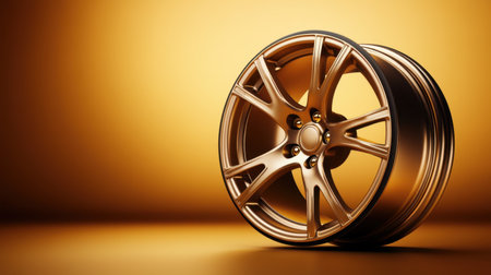 Stunning close-up of a gold alloy wheel set against a smooth gradient background, perfect for automotive design, advertising, or creative projects.の素材