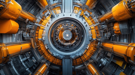 A captivating view of high-tech industrial machinery featuring a circular design with vibrant orange pipes, showcasing modern engineering and innovation.の素材