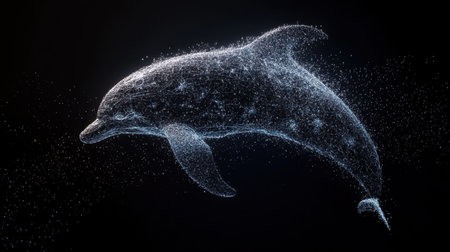 This stunning image showcases a digital dolphin swimming gracefully through a dark underwater realm, surrounded by a captivating array of shimmering particles, embodying beauty and fluidity.の素材