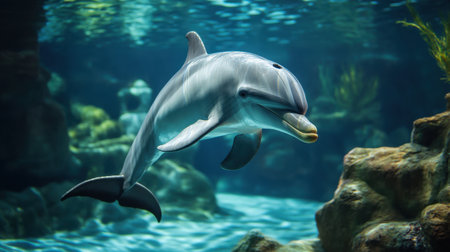 A stunning image capturing a dolphin swimming gracefully in clear blue water. The surroundings feature rocks and vibrant marine life, showcasing underwater beauty.の素材