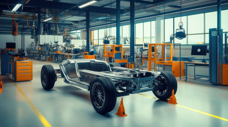 A contemporary automotive factory showcases a car chassis prominently displayed on a lift. The spacious industrial interior features advanced technology and tools, highlighting innovative vehicle production processes.の素材