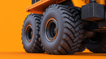 Close-up view of heavy-duty truck tires set against an orange background, showcasing the robust design and powerful grip suitable for industrial applications.の素材