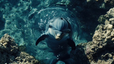 A cheerful dolphin swims effortlessly through clear ocean waters, showcasing its playful nature while surrounded by beautiful rocks and coral reefs.の素材