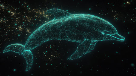 A stunning digital representation of a dolphin floating in cosmic space, with glowing particles and stars creating an enchanting visual experience.の素材