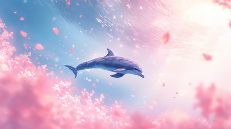 A captivating scene featuring a dolphin gliding gracefully through water surrounded by blooming cherry blossom petals, evoking tranquility and beauty.の素材