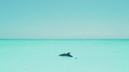A serene scene showcasing a dolphin swimming gracefully in the turquoise waters, emphasizing the relaxing atmosphere of a tropical paradise.の素材