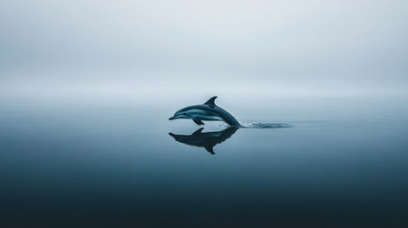 A stunning image of a dolphin leaping gracefully from calm waters, surrounded by a misty backdrop that enhances the tranquil atmosphere of nature.の素材