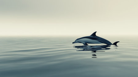 A serene scene depicting a dolphin swimming gracefully in calm ocean waters during dawn. The soft lighting creates a peaceful atmosphere, inviting viewers to appreciate the beauty of marine life.の素材