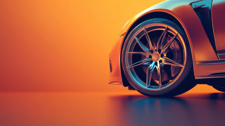 A captivating close-up view of a stylish car wheel showcasing intricate design elements against a vibrant gradient background, highlighting modern automotive aesthetics.の素材